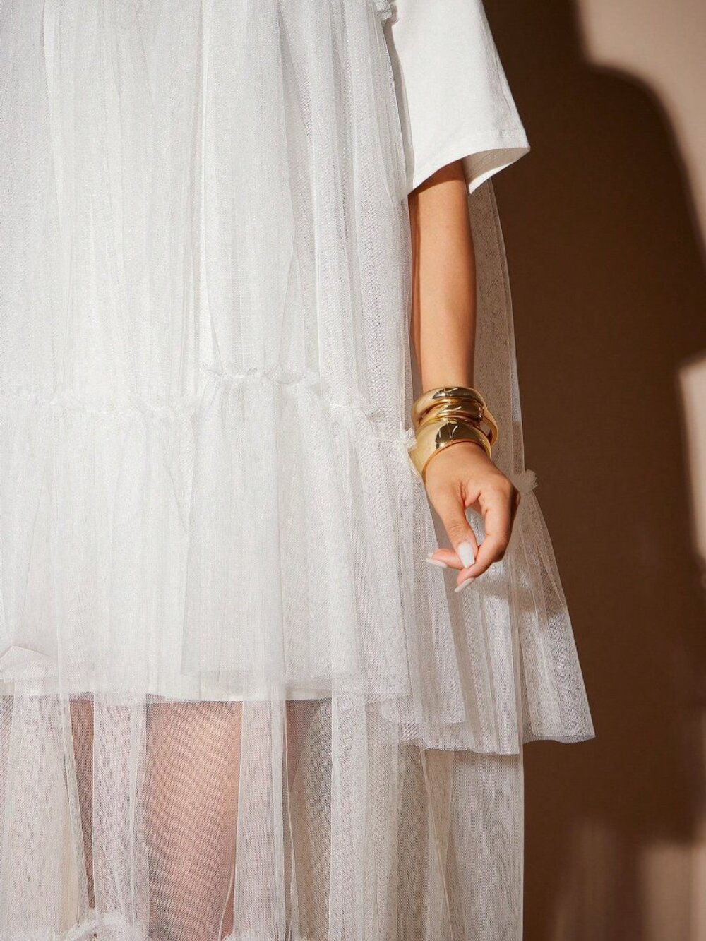 White Boho Festival Women's Tulle Tiered Maxi T-Shirt Dress - Picture 4 of 5